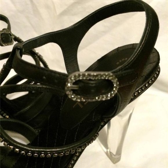 CHANEL 14C Leather Crystal Jewel CC Strappy Sandal Lucite PVC Heel Shoes - Picture 11 of 12